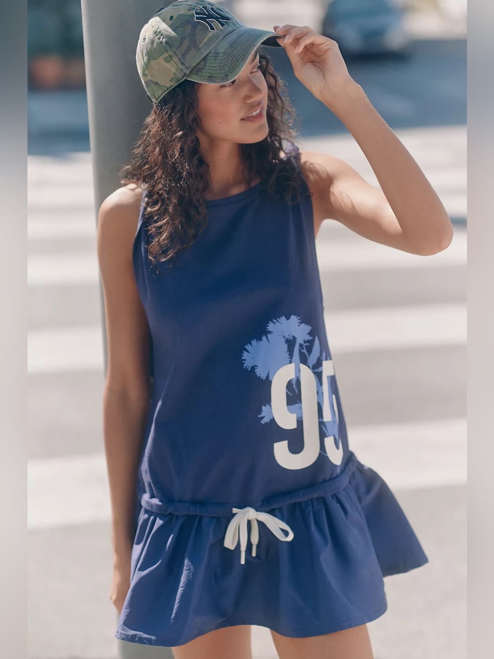 Navy Graphic Midi Dress with Drawstring Skirt